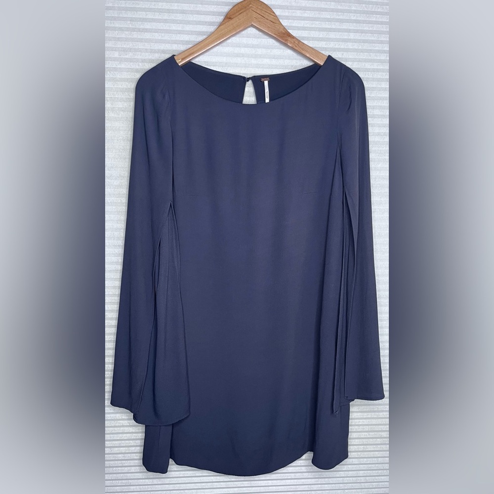 Free People Split Kimono Sleeve Navy Blue Draped Shirt Short Dress XS